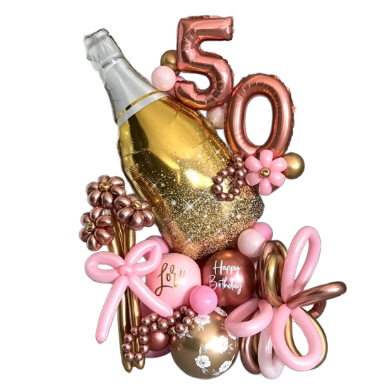 Rose gold balloon decoration featuring the numbers 5 and 3 among pink and gold balloons.